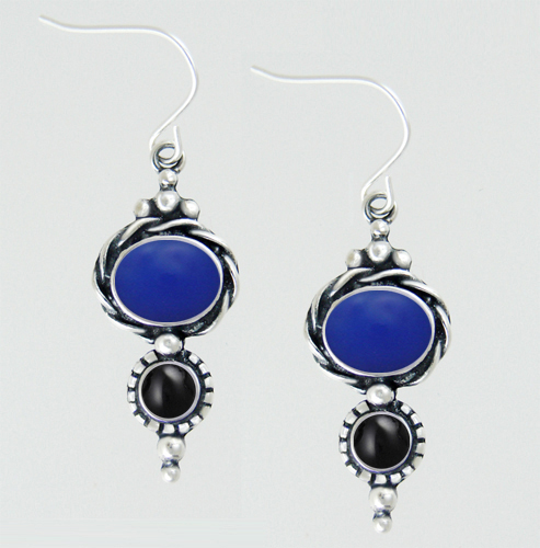 Sterling Silver Drop Dangle Earrings With Blue Onyx And Black Onyx